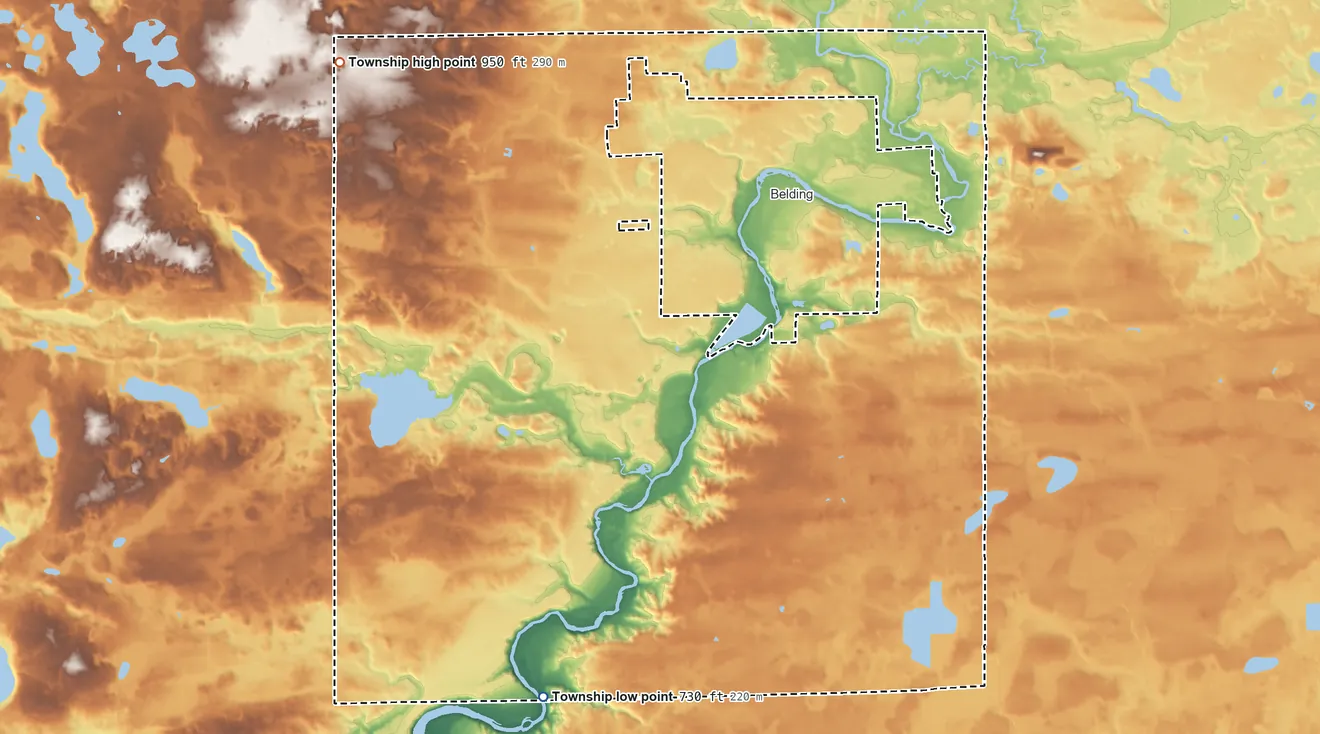 Topographic elevation map of Otisco Township, Michigan, shaded from 730 ft on the south side to 950 ft on the northwest side