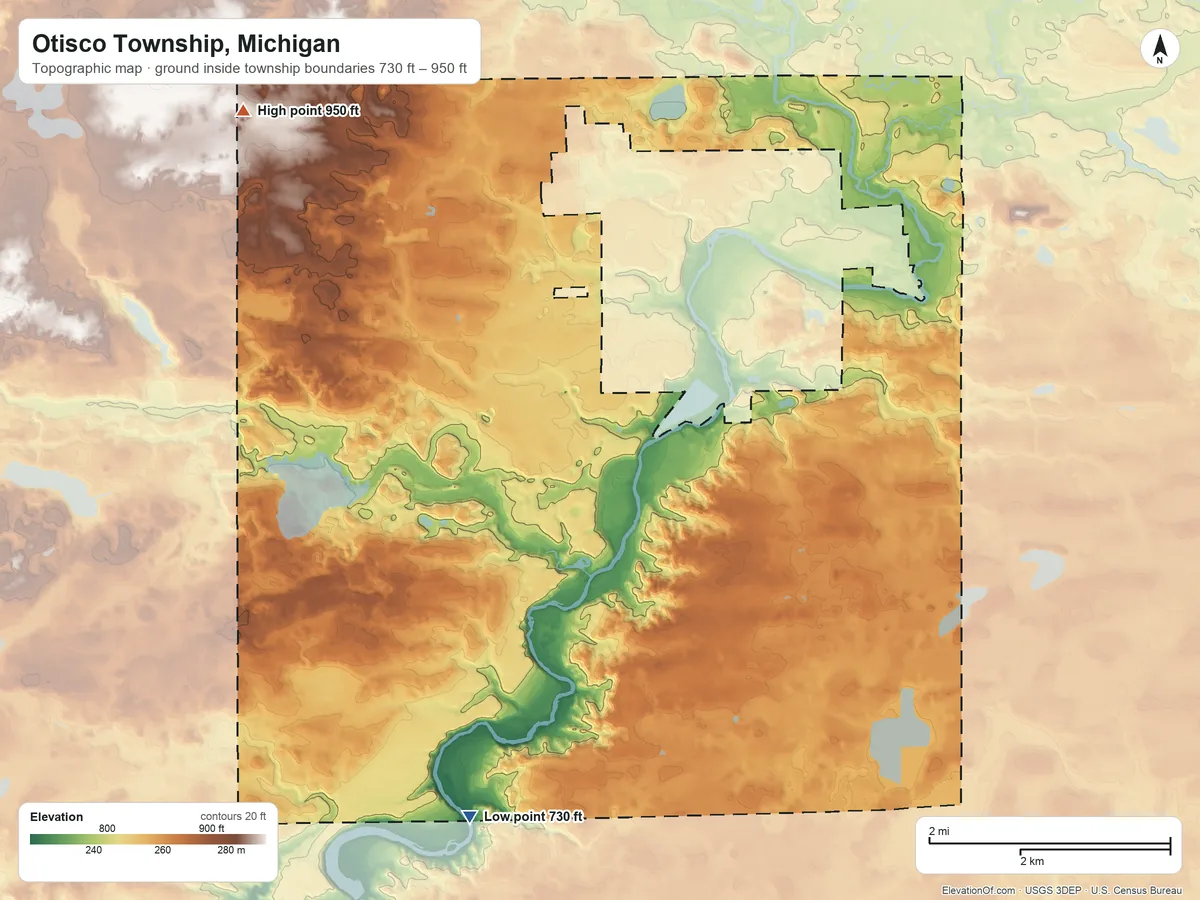 Topographic elevation map of Otisco Township, Michigan, shaded from 730 ft on the south side to 950 ft on the northwest side