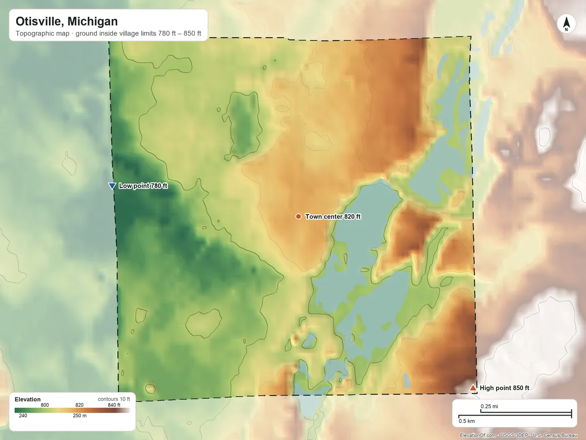 Topographic elevation map of Otisville, Michigan, shaded from 780 ft on the west side to 850 ft on the southeast side