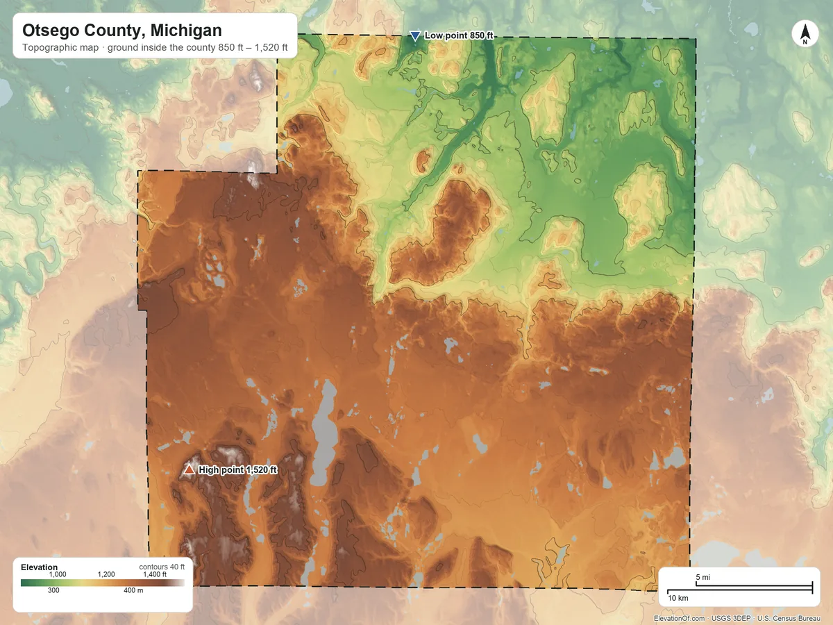 Topographic elevation map of Otsego County, Michigan, shaded from 850 ft on the north side to 1,520 ft on the southwest side