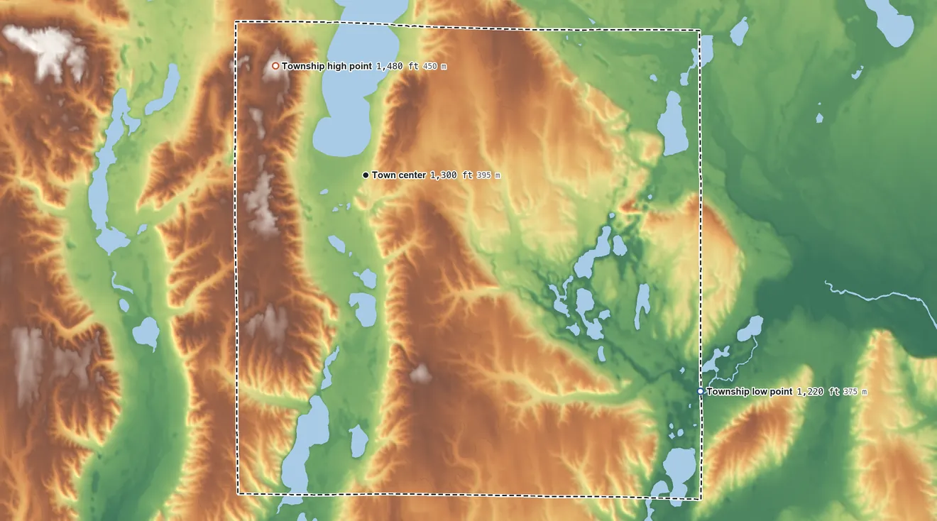 Topographic elevation map of Otsego Lake Township, Michigan, shaded from 1,220 ft on the southeast side to 1,480 ft on the northwest side