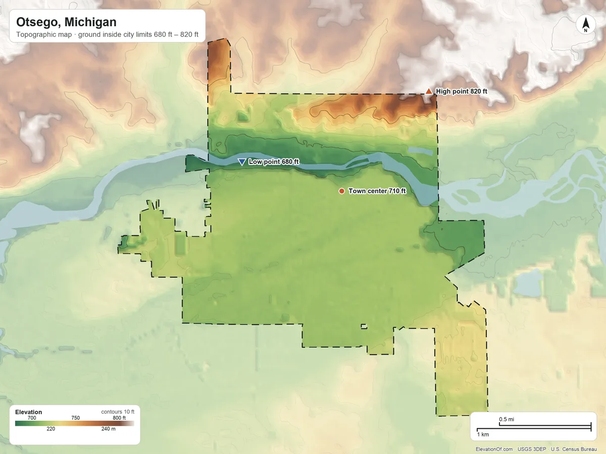 Topographic elevation map of Otsego, Michigan, shaded from 680 ft on the west side to 820 ft on the northeast side