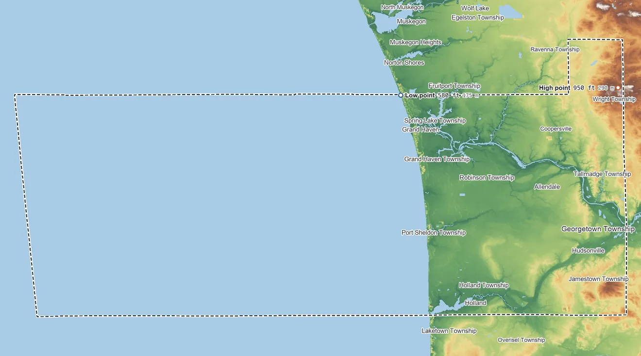 Topographic elevation map of Ottawa County, Michigan, shaded from 580 ft on the northeast side to 950 ft on the east side