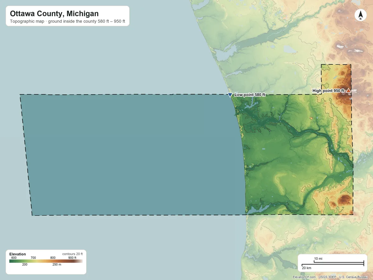 Topographic elevation map of Ottawa County, Michigan, shaded from 580 ft on the northeast side to 950 ft on the east side