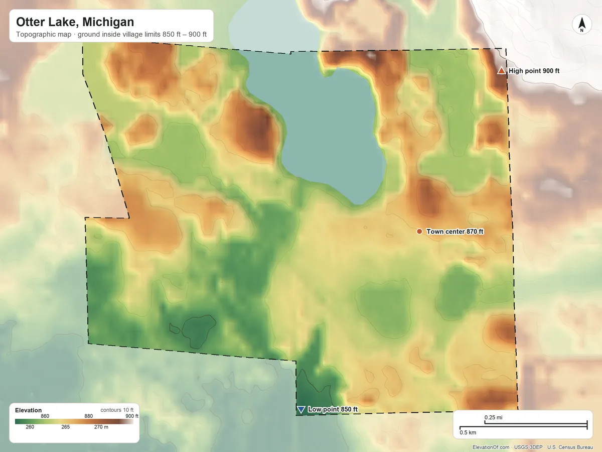 Topographic elevation map of Otter Lake, Michigan, shaded from 850 ft on the southwest side to 900 ft on the northeast side