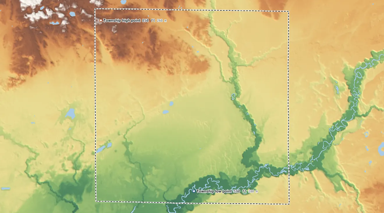 Topographic elevation map of Otto Township, Michigan, shaded from 590 ft on the south side to 850 ft on the northwest side
