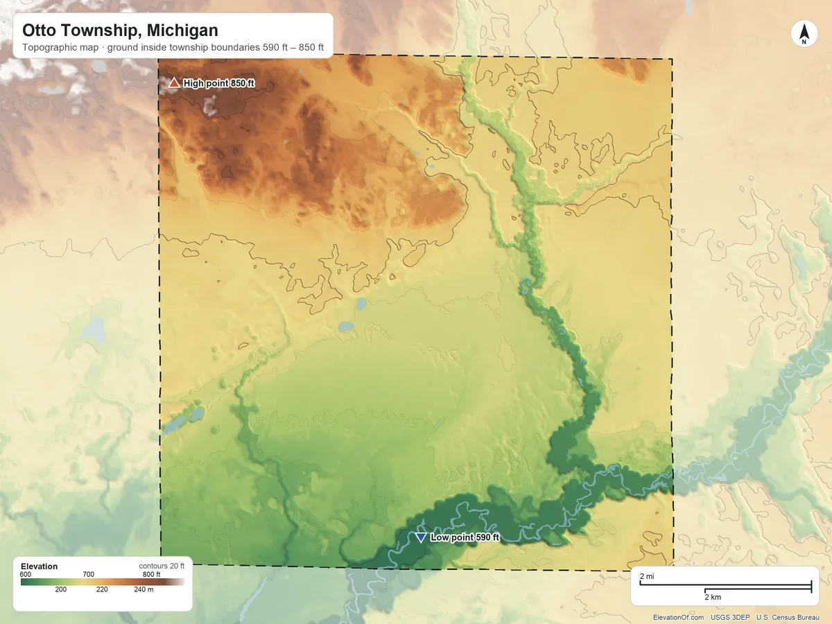 Topographic elevation map of Otto Township, Michigan, shaded from 590 ft on the south side to 850 ft on the northwest side
