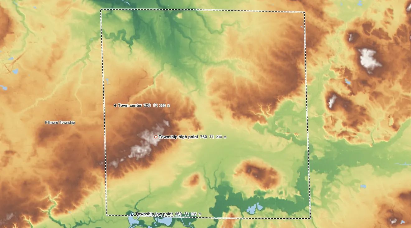 Topographic elevation map of Overisel Township, Michigan, shaded from 600 ft on the south side to 760 ft on the southeast side