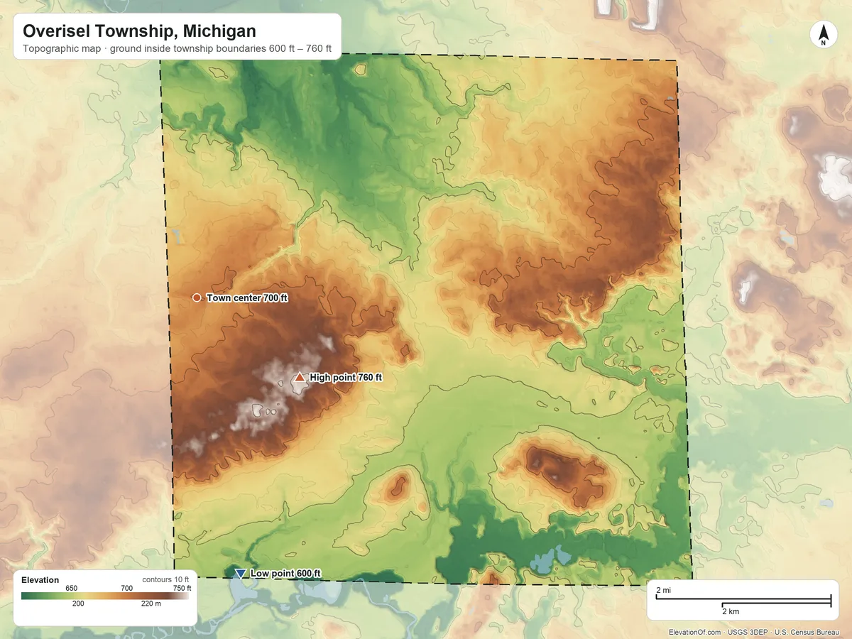 Topographic elevation map of Overisel Township, Michigan, shaded from 600 ft on the south side to 760 ft on the southeast side
