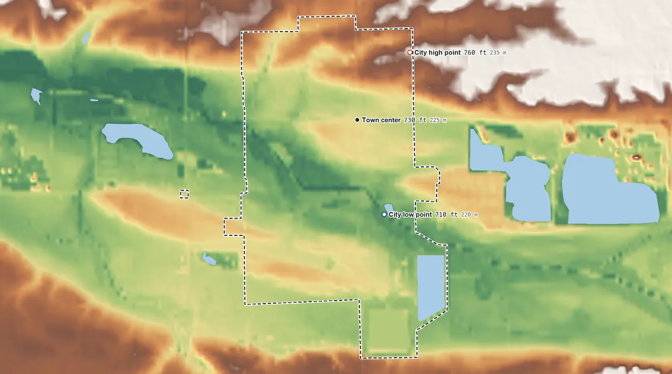 Topographic elevation map of Ovid, Michigan, shaded from 710 ft on the south side to 760 ft on the northeast side