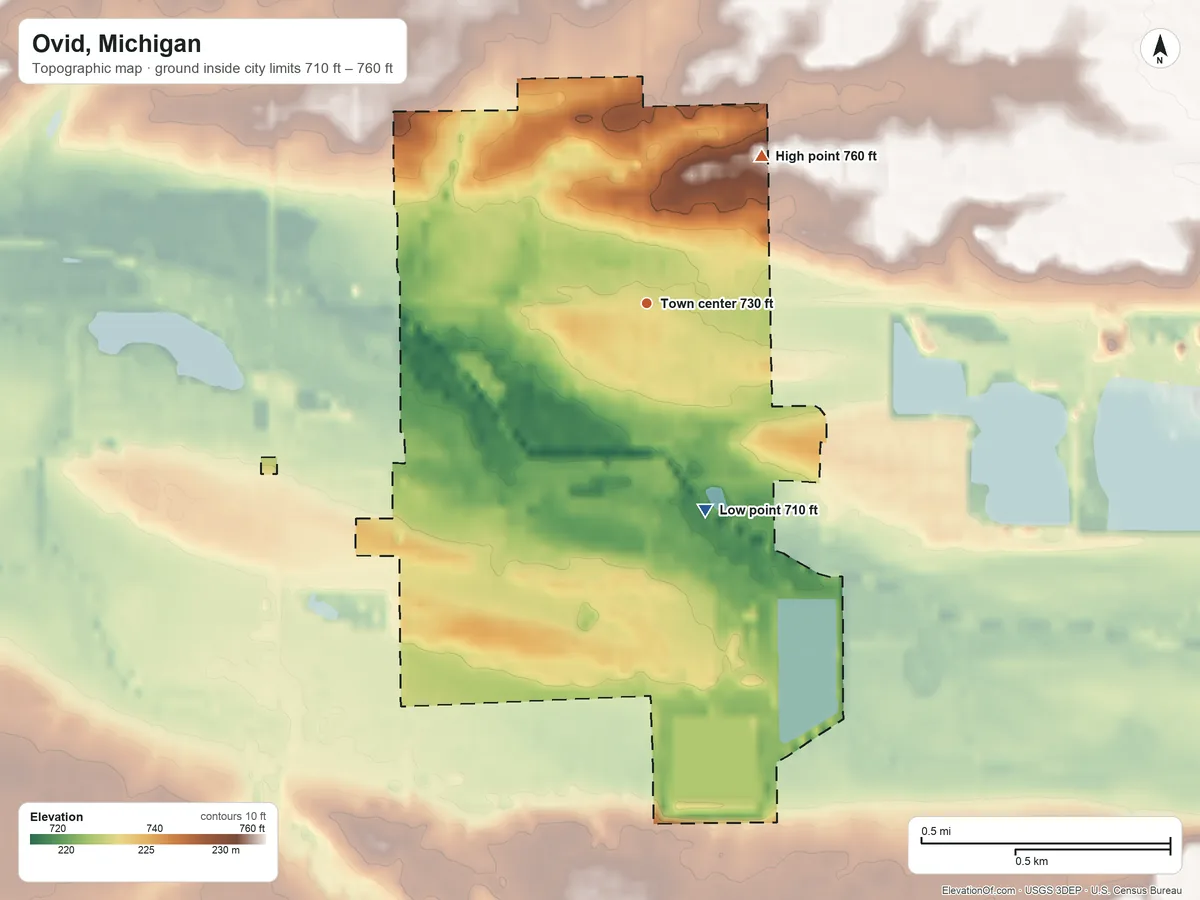 Topographic elevation map of Ovid, Michigan, shaded from 710 ft on the south side to 760 ft on the northeast side
