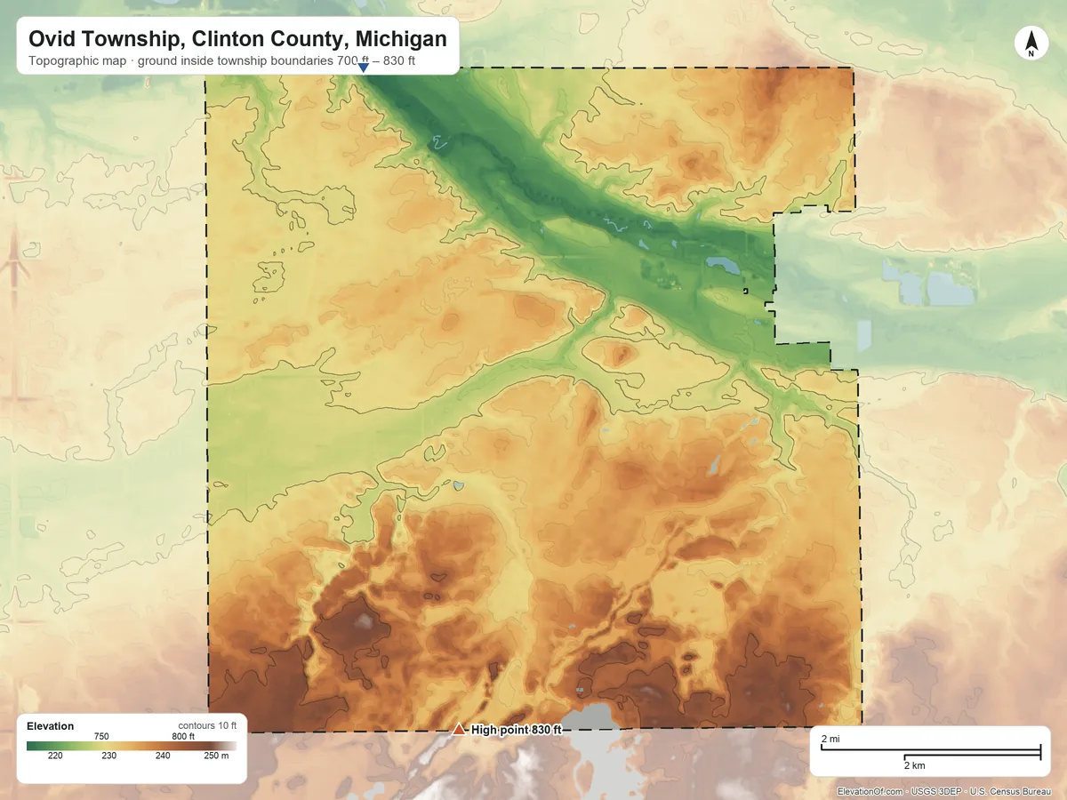 Topographic elevation map of Ovid Township, Clinton County, Michigan, shaded from 700 ft on the northwest side to 830 ft on the south side