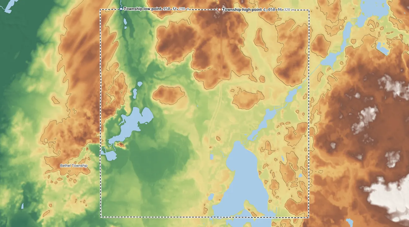 Topographic elevation map of Ovid Township, Michigan, shaded from 950 ft on the northwest side to 1,050 ft on the north side