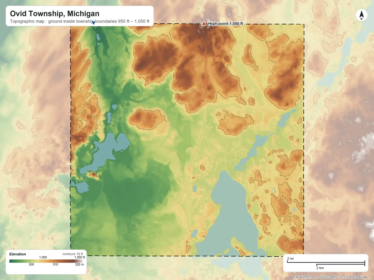 Topographic elevation map of Ovid Township, Michigan, shaded from 950 ft on the northwest side to 1,050 ft on the north side