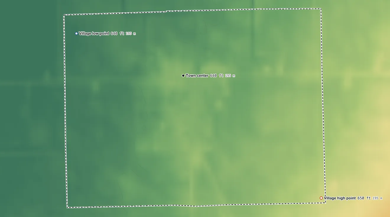 Topographic elevation map of Owendale, Michigan, shaded from 640 ft on the west side to 650 ft on the southeast side