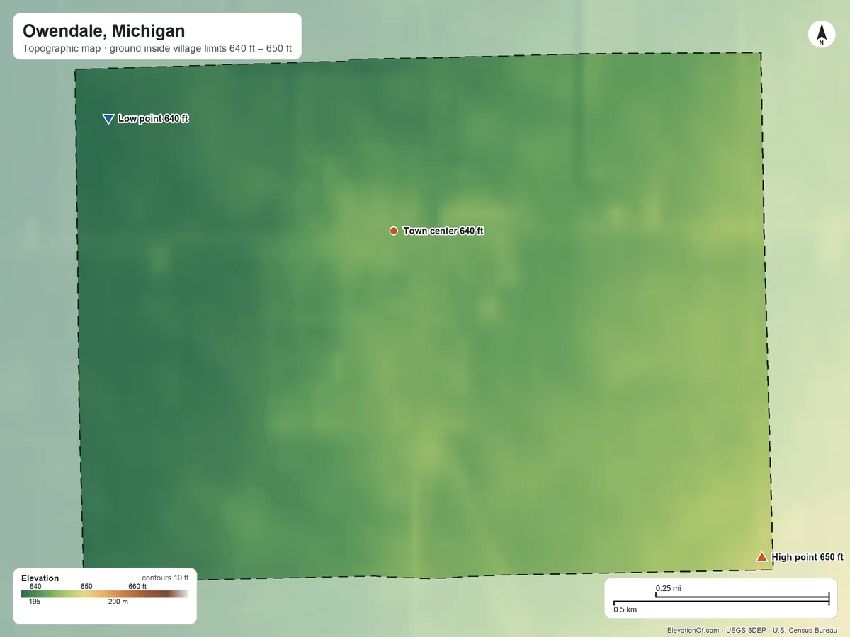Topographic elevation map of Owendale, Michigan, shaded from 640 ft on the west side to 650 ft on the southeast side