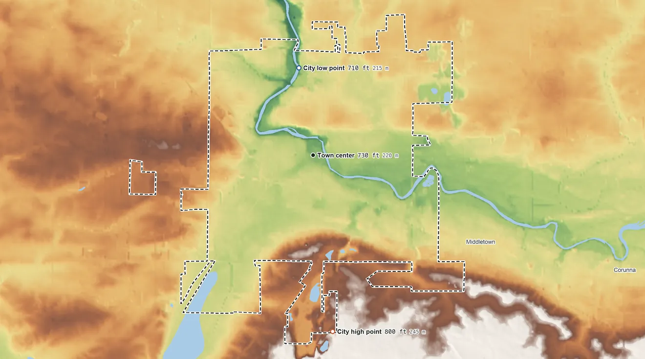 Topographic elevation map of Owosso, Michigan, shaded from 710 ft on the north side to 800 ft on the south side