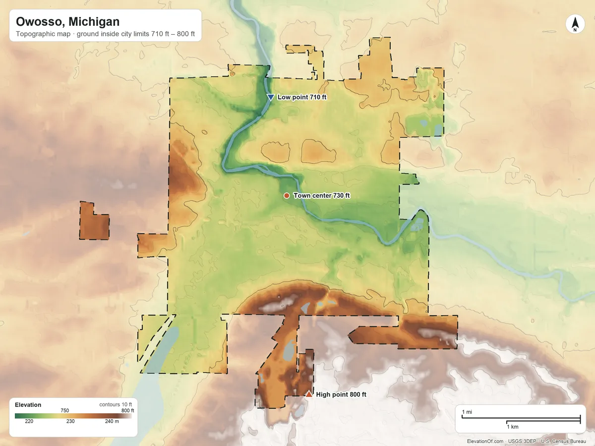 Topographic elevation map of Owosso, Michigan, shaded from 710 ft on the north side to 800 ft on the south side
