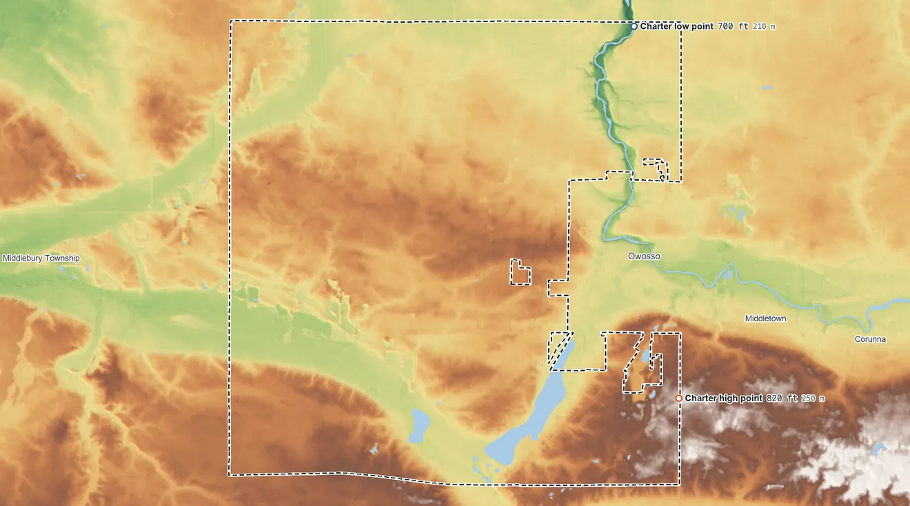 Topographic elevation map of Owosso Township, Michigan, shaded from 700 ft on the northeast side to 820 ft on the southeast side