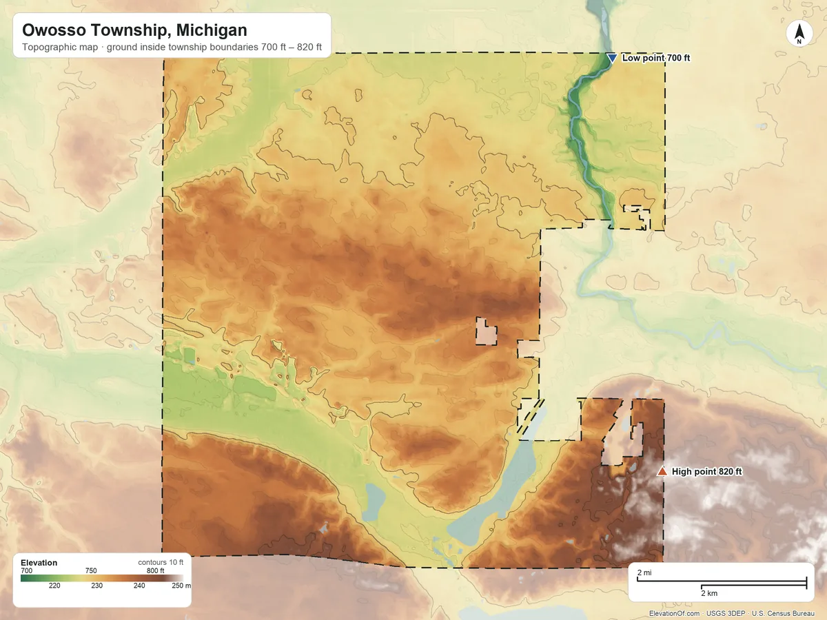 Topographic elevation map of Owosso Township, Michigan, shaded from 700 ft on the northeast side to 820 ft on the southeast side