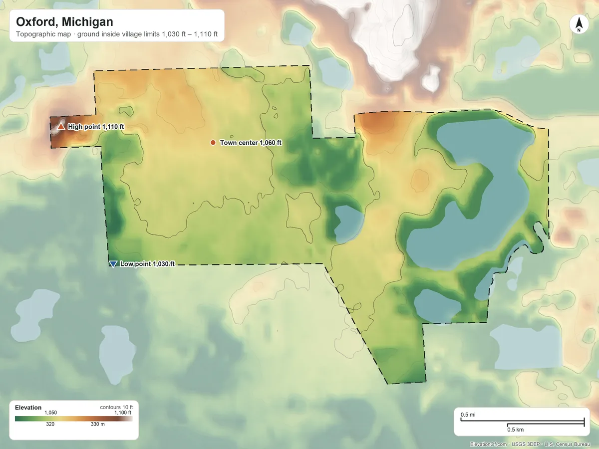 Topographic elevation map of Oxford, Michigan, shaded from 1,030 ft on the southwest side to 1,110 ft on the west side