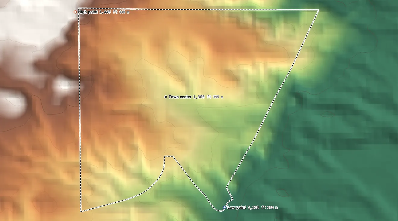 Topographic elevation map of Painesdale, Michigan, shaded from 1,220 ft on the southeast side to 1,440 ft on the northwest side