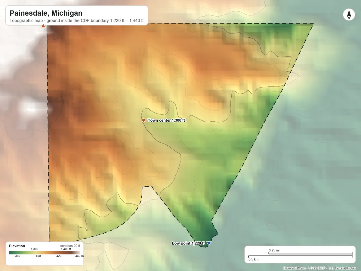 Topographic elevation map of Painesdale, Michigan, shaded from 1,220 ft on the southeast side to 1,440 ft on the northwest side