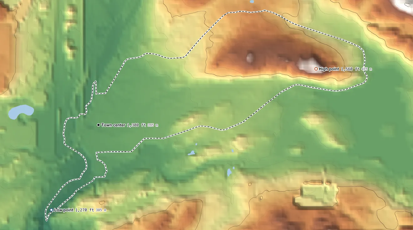 Topographic elevation map of Palmer, Michigan, shaded from 1,270 ft on the southwest side to 1,560 ft on the east side