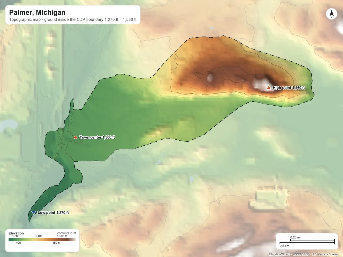 Topographic elevation map of Palmer, Michigan, shaded from 1,270 ft on the southwest side to 1,560 ft on the east side