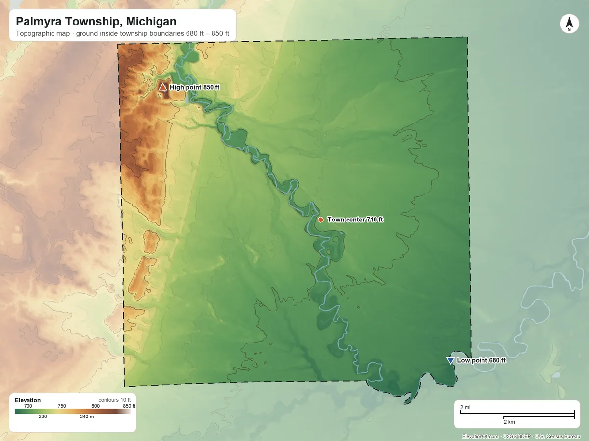 Topographic elevation map of Palmyra Township, Michigan, shaded from 680 ft on the southeast side to 850 ft on the northwest side