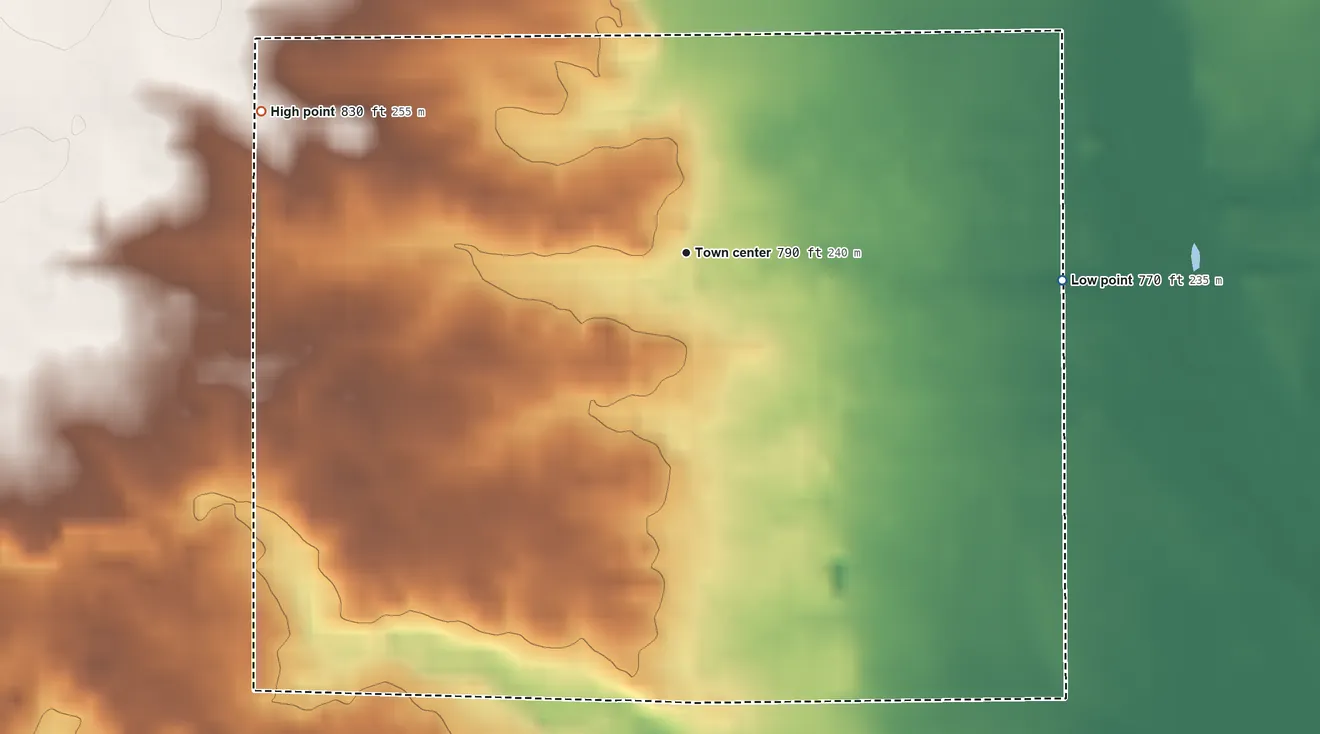Topographic elevation map of Palo, Michigan, shaded from 770 ft on the east side to 830 ft on the west side