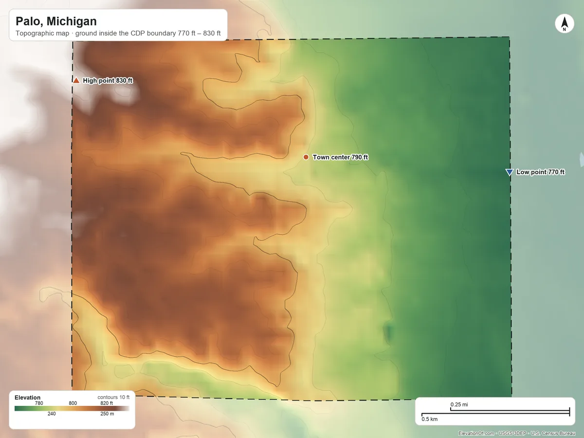 Topographic elevation map of Palo, Michigan, shaded from 770 ft on the east side to 830 ft on the west side