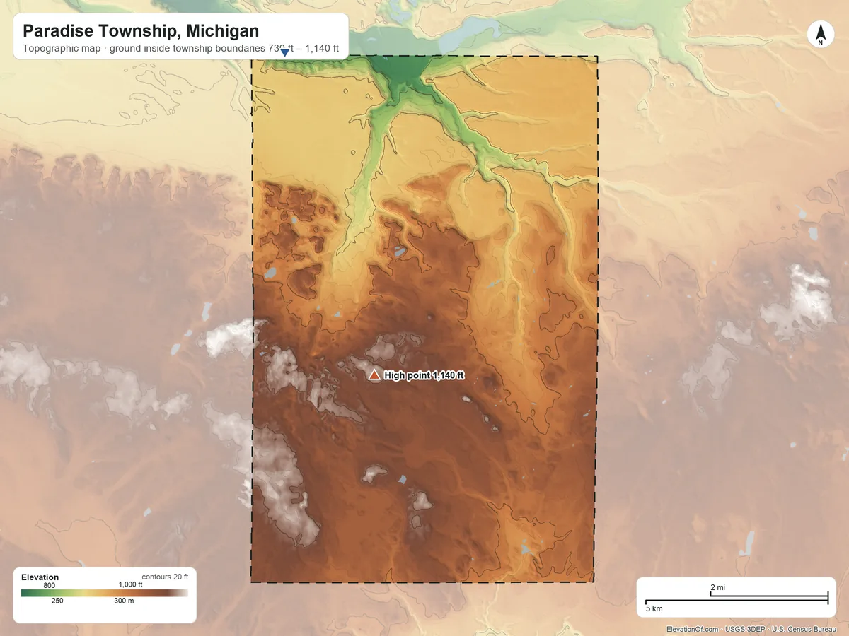 Topographic elevation map of Paradise Township, Michigan, shaded from 730 ft on the north side to 1,140 ft near the middle