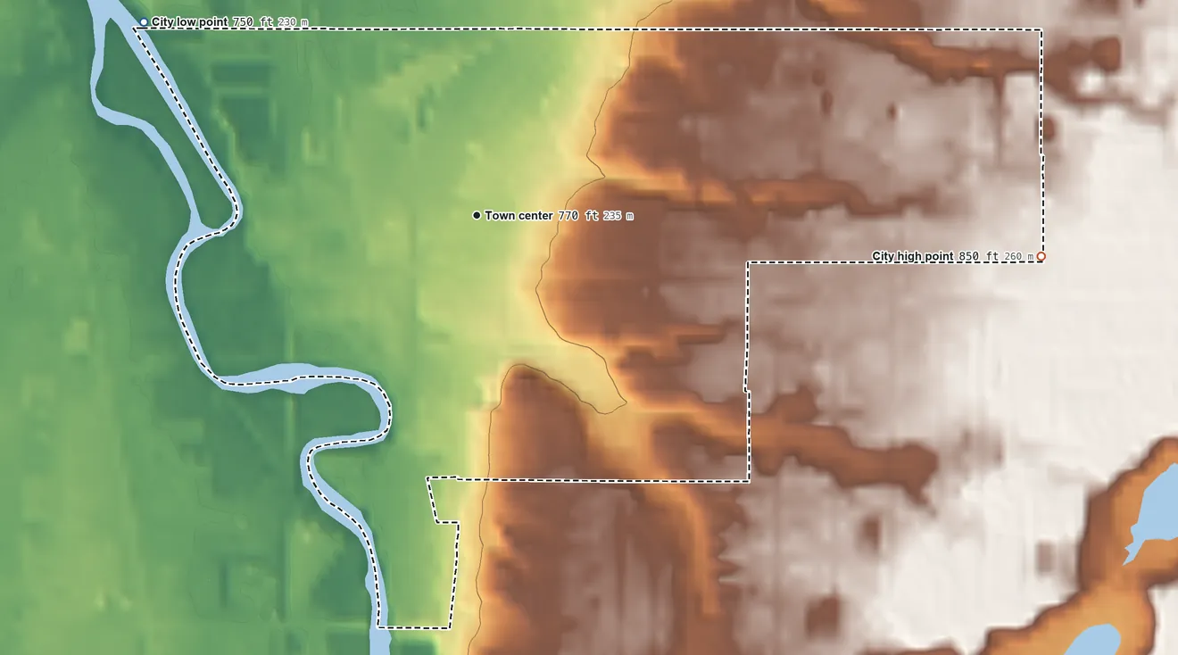 Topographic elevation map of Parchment, Michigan, shaded from 750 ft on the northwest side to 850 ft on the east side