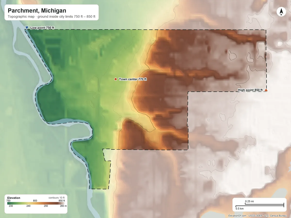 Topographic elevation map of Parchment, Michigan, shaded from 750 ft on the northwest side to 850 ft on the east side