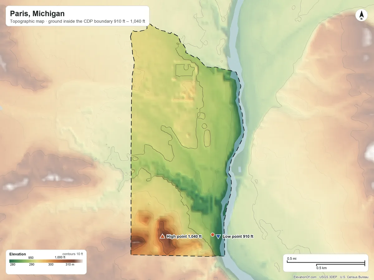 Topographic elevation map of Paris, Michigan, shaded from 910 ft near the middle to 1,040 ft on the west side