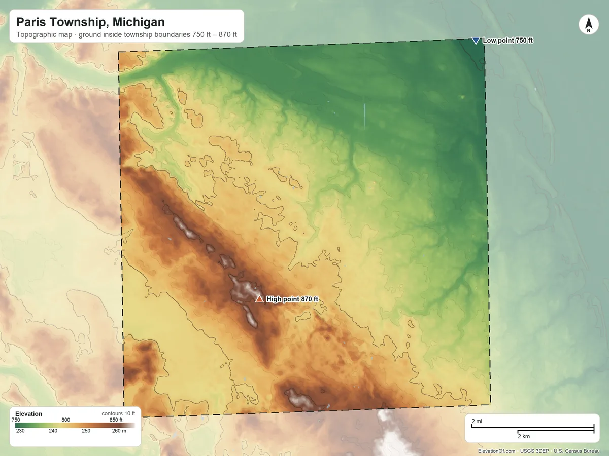Topographic elevation map of Paris Township, Michigan, shaded from 750 ft on the northeast side to 870 ft near the middle