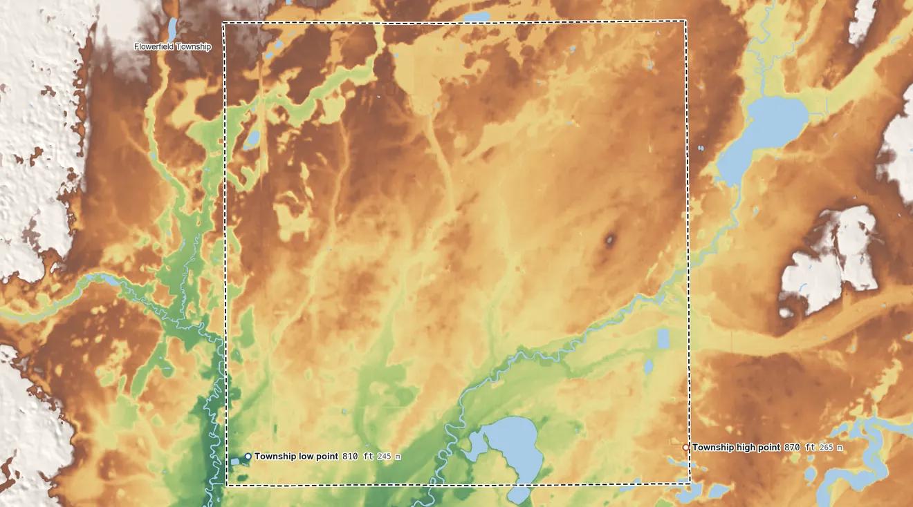 Topographic elevation map of Park Township, St. Joseph County, Michigan, shaded from 810 ft on the southwest side to 870 ft on the southeast side