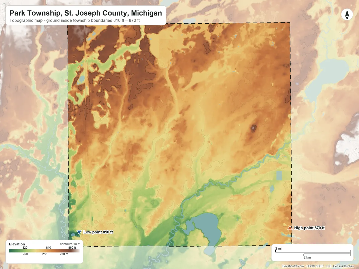 Topographic elevation map of Park Township, St. Joseph County, Michigan, shaded from 810 ft on the southwest side to 870 ft on the southeast side