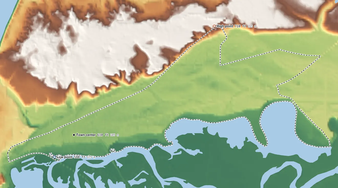 Topographic elevation map of Parkdale, Michigan, shaded from 580 ft near the middle to 710 ft on the northeast side