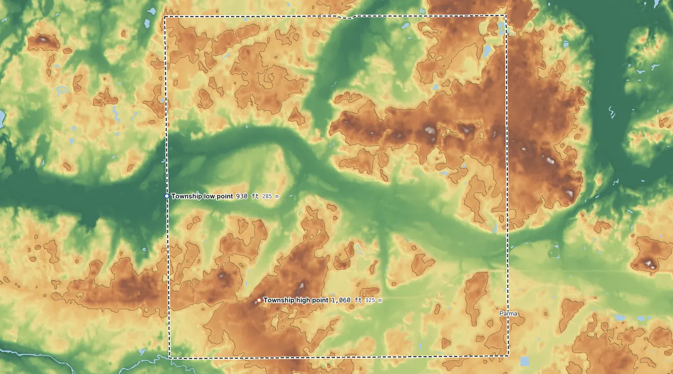 Topographic elevation map of Parma Township, Michigan, shaded from 930 ft on the west side to 1,060 ft on the southwest side