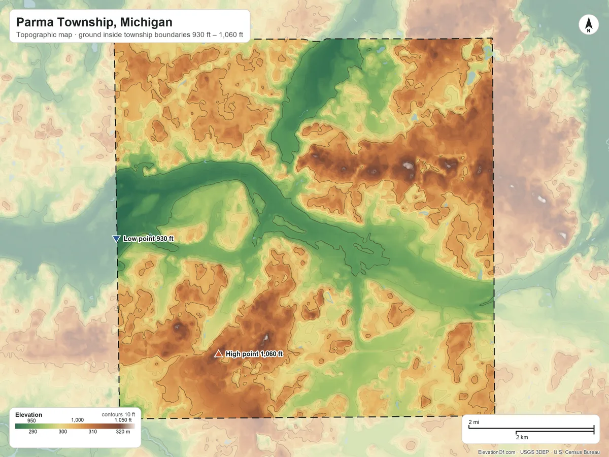 Topographic elevation map of Parma Township, Michigan, shaded from 930 ft on the west side to 1,060 ft on the southwest side