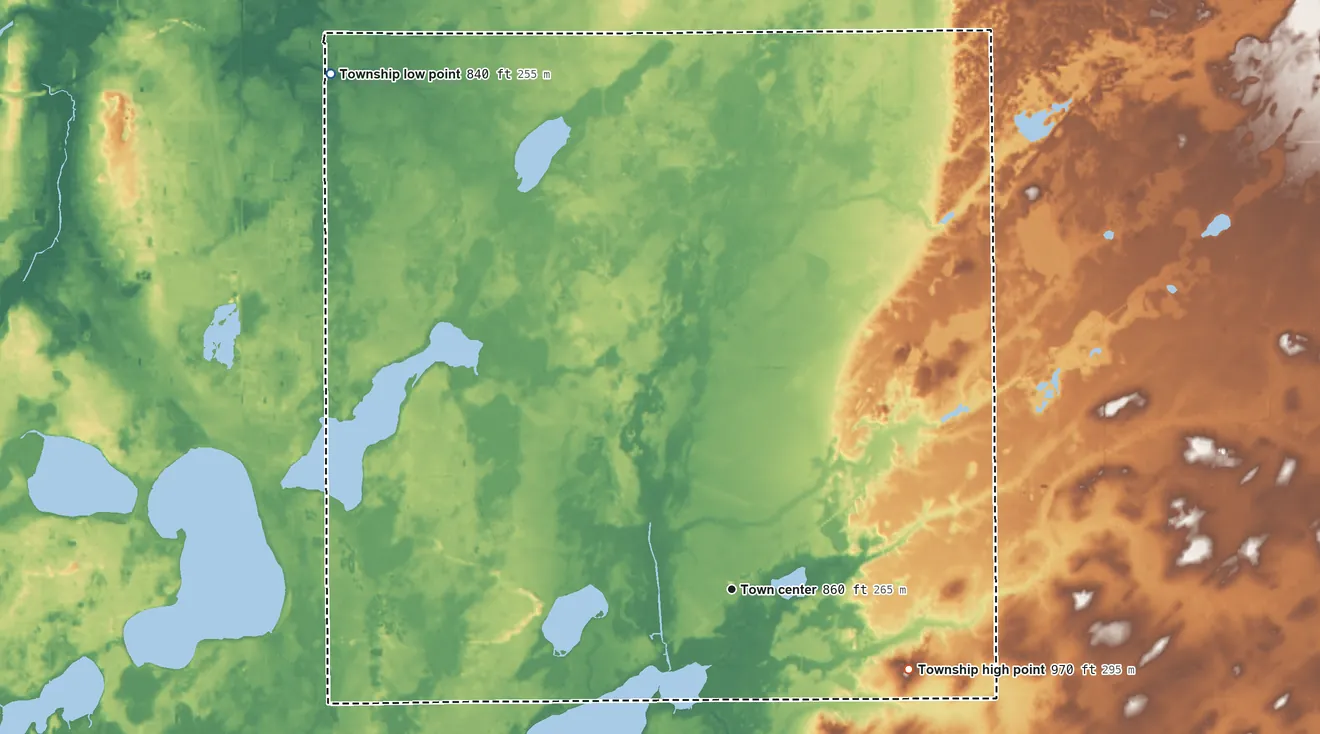 Topographic elevation map of Pavilion Township, Michigan, shaded from 840 ft on the northwest side to 970 ft on the southeast side