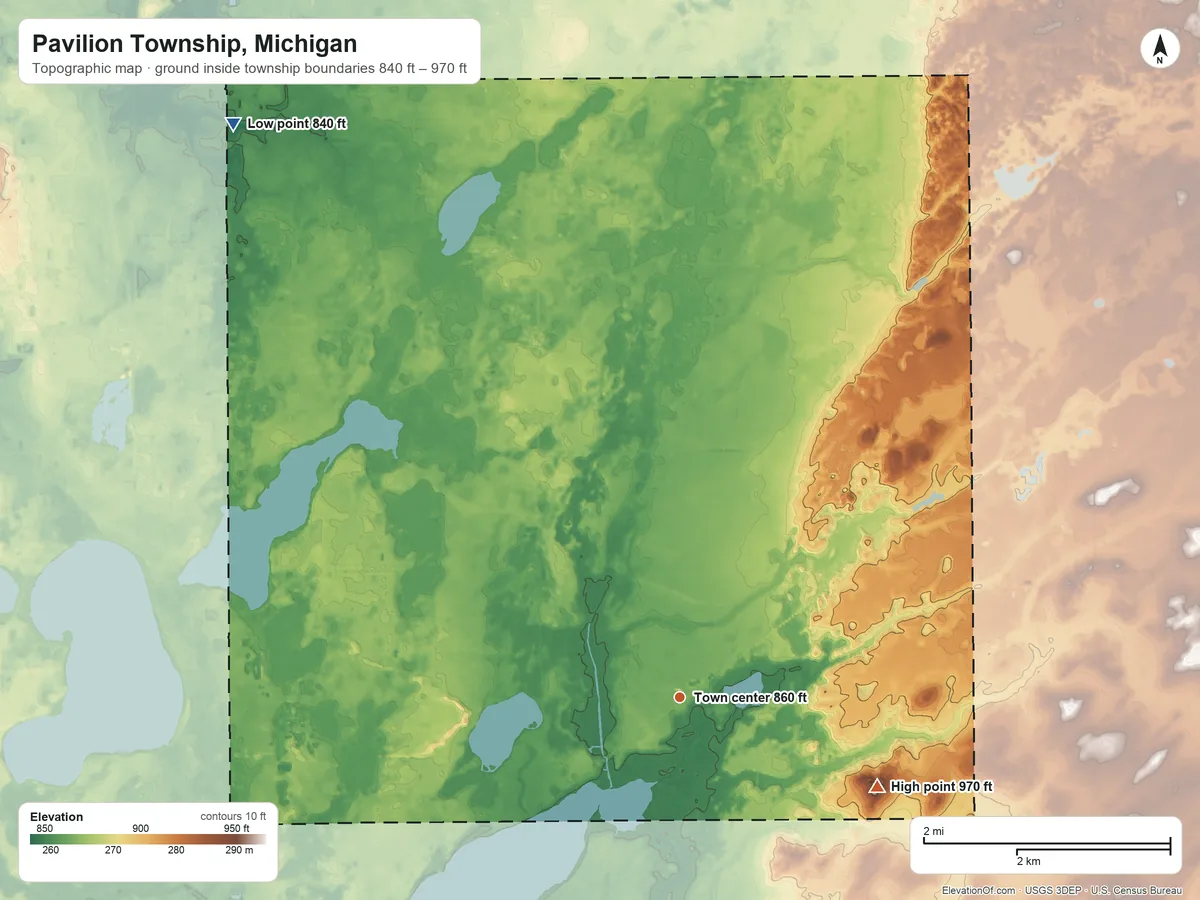 Topographic elevation map of Pavilion Township, Michigan, shaded from 840 ft on the northwest side to 970 ft on the southeast side