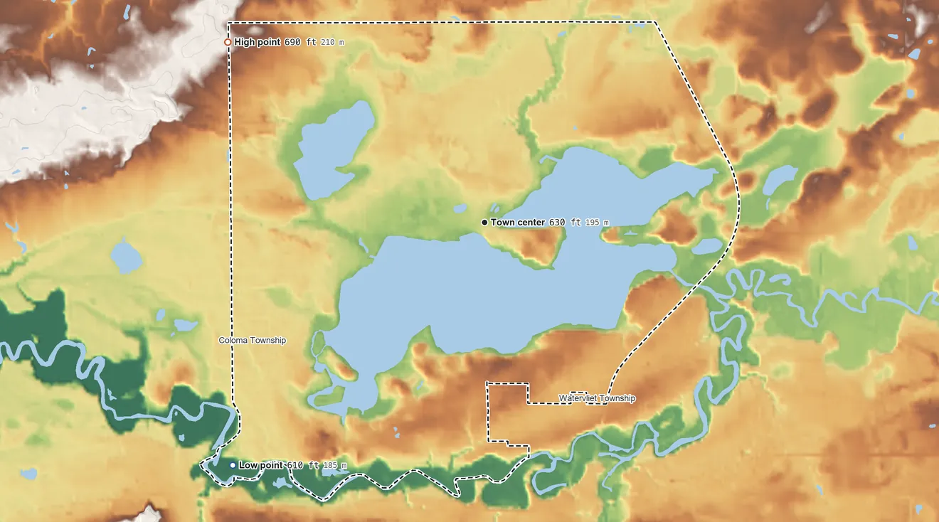 Topographic elevation map of Paw Paw Lake, Michigan, shaded from 610 ft on the southwest side to 690 ft on the northwest side