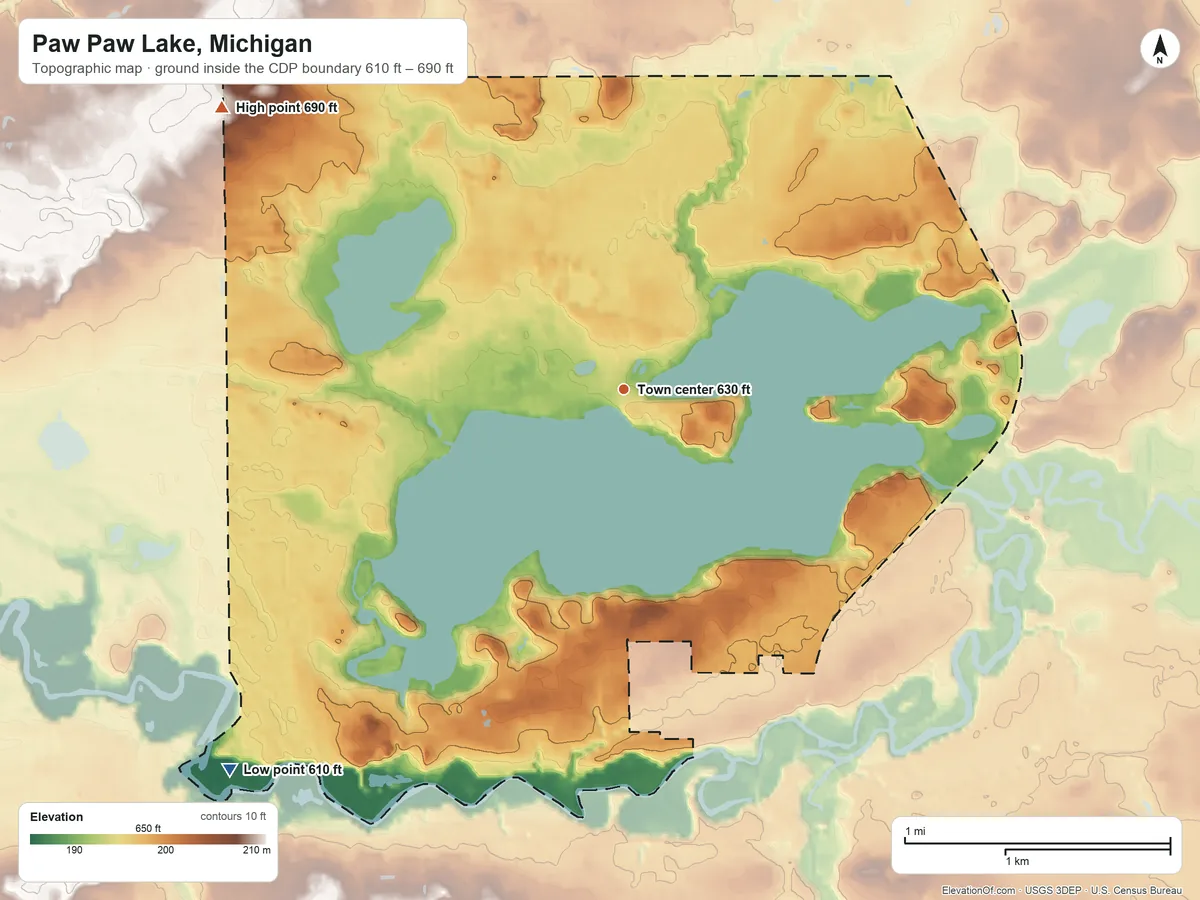 Topographic elevation map of Paw Paw Lake, Michigan, shaded from 610 ft on the southwest side to 690 ft on the northwest side
