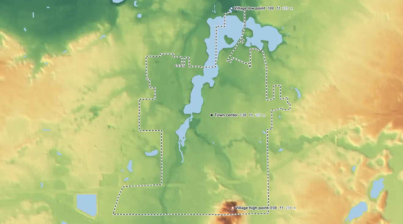 Topographic elevation map of Paw Paw, Michigan, shaded from 700 ft on the north side to 890 ft on Prospect Hill