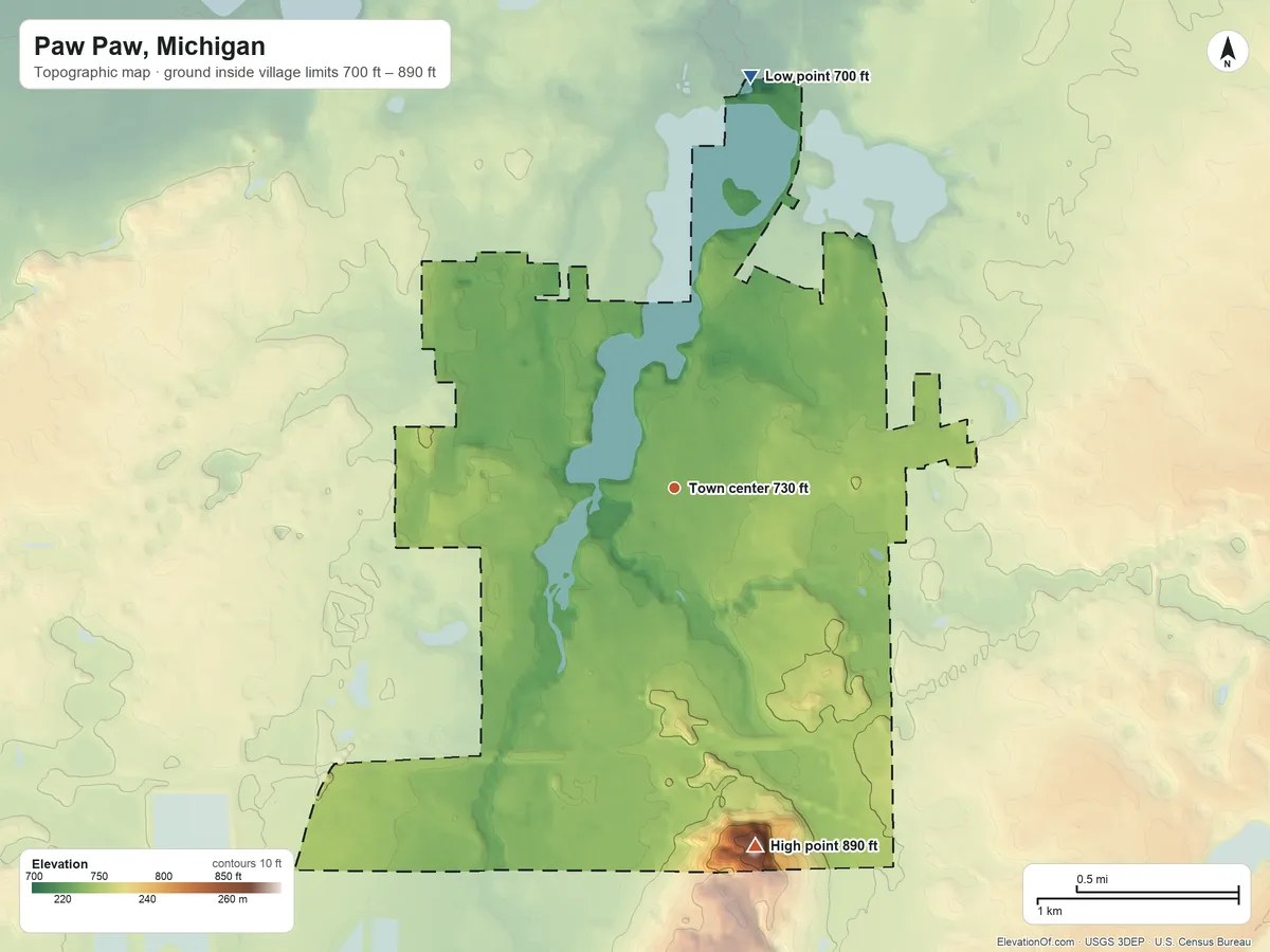 Topographic elevation map of Paw Paw, Michigan, shaded from 700 ft on the north side to 890 ft on Prospect Hill