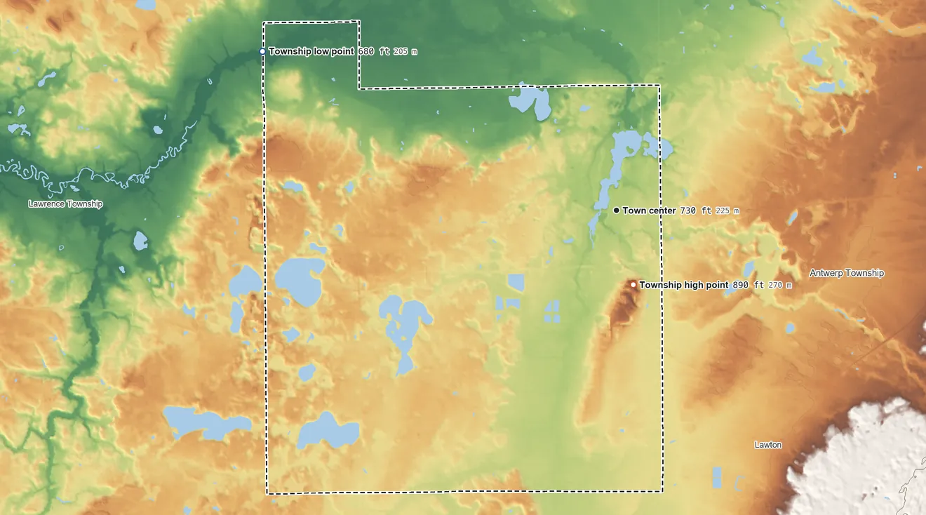 Topographic elevation map of Paw Paw Township, Michigan, shaded from 680 ft on the northwest side to 890 ft on Prospect Hill