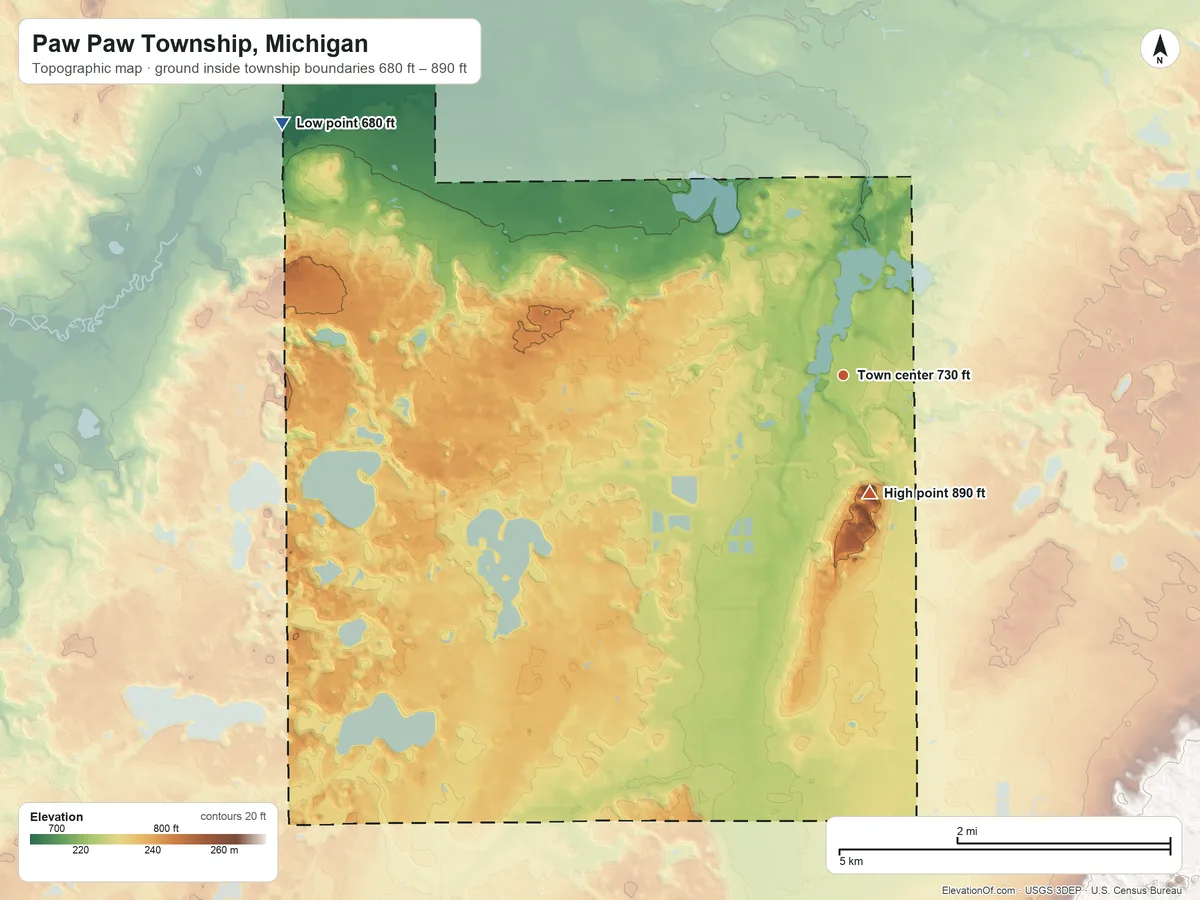 Topographic elevation map of Paw Paw Township, Michigan, shaded from 680 ft on the northwest side to 890 ft on Prospect Hill